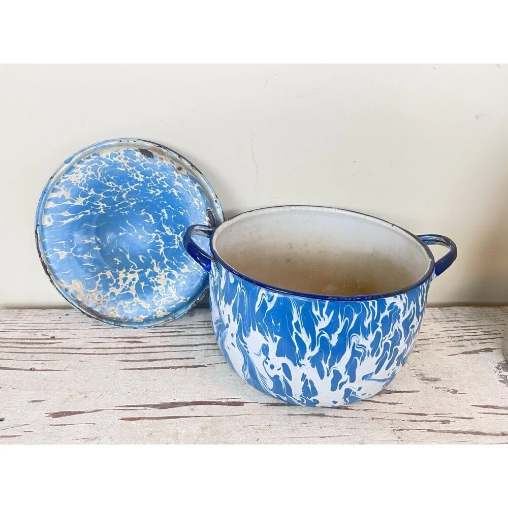 Antique Blue Swirl Graniteware Saucepan W/Lid And Handles 8”x 6” Country Rare